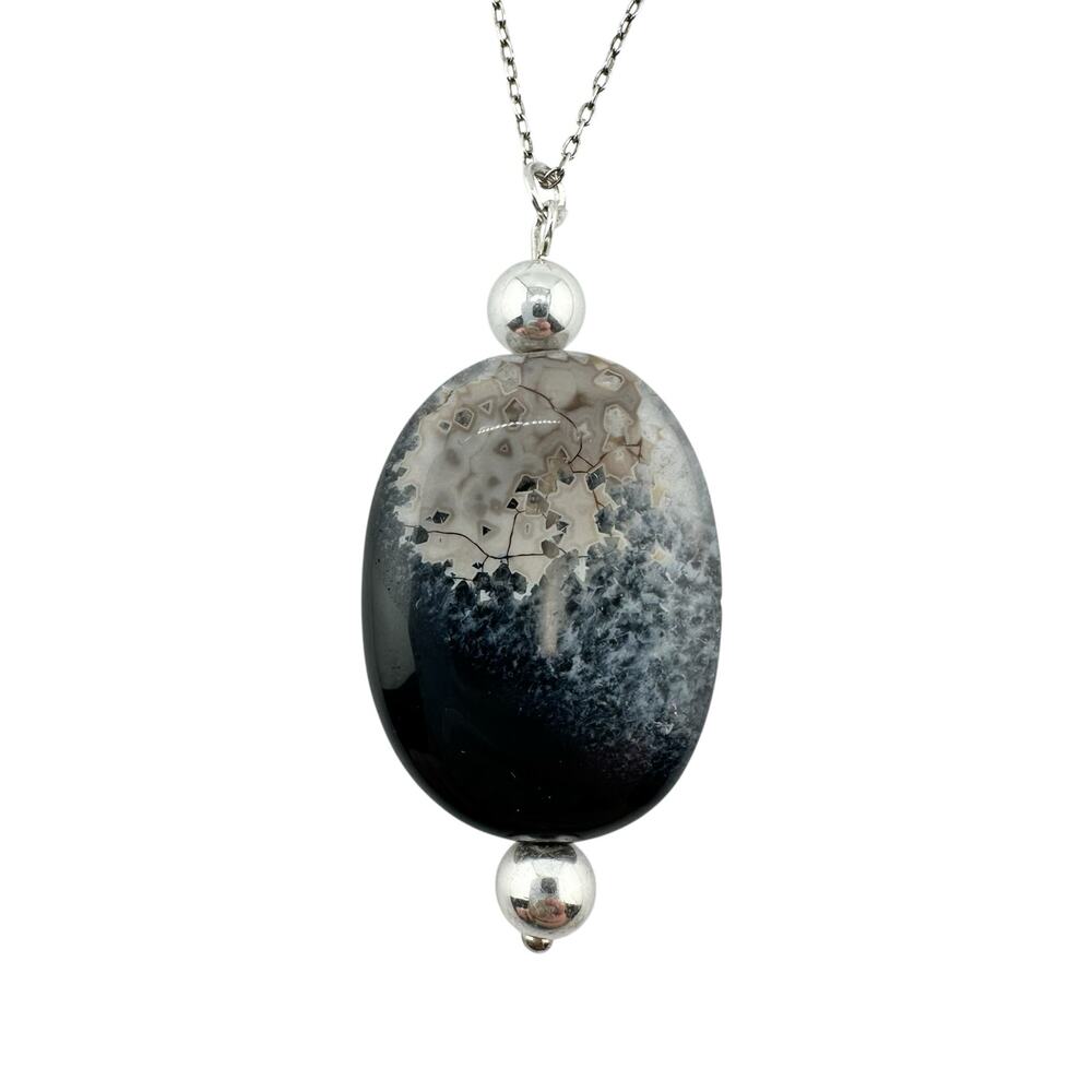 Handmade Onyx In Quartz Polished Natural Stone 925 Sterling Silver 19" Necklace